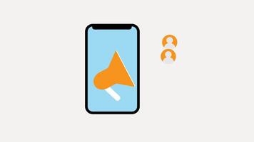 Isometric animation smartphone screen with orange megaphone and three gray profile pictures. Great for social media marketing concepts and communication campaigns. video