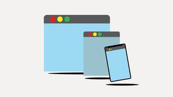 Three animation isometric web browser windows displayed on phone and two computers, perfect for illustrating multidevice internet browsing , web marketing and digital workspaces. video