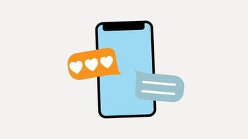 Isometric animation smartphone with three hearts, chat bubble, and two lines, perfect for web marketing, communicating love or messages in a digital setting. video