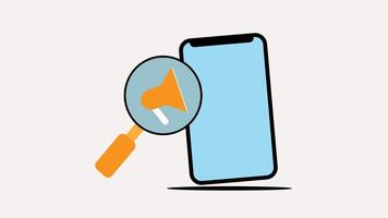 Isometric animation of orange handle magnifier, magnifying orange megaphone displayed on a phone screen. Suitable for web marketing, technology or communication themed designs. video