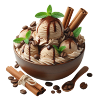 AI-Generated ice cream with coffee beans and cinnamon on a plate with a spoon and coffee beans png