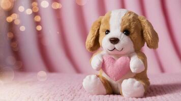A stuffed dog with a heart shaped toy in its mouth, AI photo
