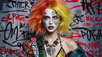 A woman with a painted face and makeup standing in front of graffiti, AI photo