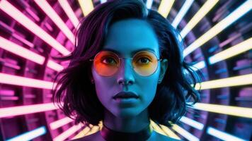 A woman with glasses and a colorful background, AI photo