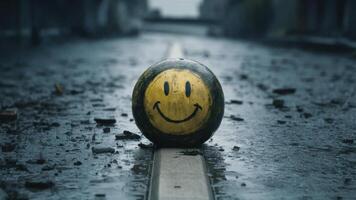 A smiley face painted on a rock sitting in the middle of an empty street, AI photo
