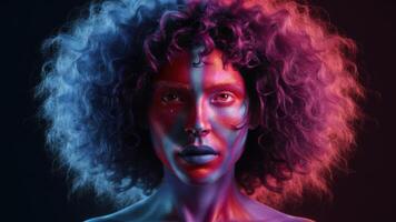 A woman with a colorful face and hair in two different colors, AI photo