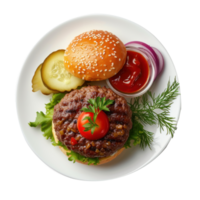 hamburger with tomato, lettuce and pickles on a plate transparent background png