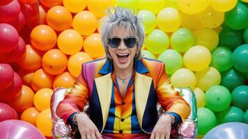 A man in a colorful jacket sitting on top of balloons, AI photo