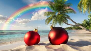 Two red ornaments on a beach with palm trees and rainbow, AI photo