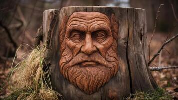 A carved face of a man on the side of an old stump, AI photo