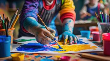 A child painting with a brush on colorful paper, AI photo
