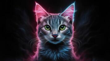 A close up of a cat with glowing eyes and neon colors, AI photo