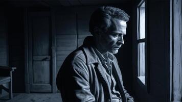 A man sitting in a room looking out the window, AI photo