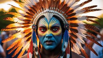 A man with a painted face and feathers on his head, AI photo