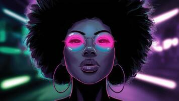 A woman with glasses and a afro is looking at something, AI photo