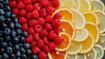 A close up of a bunch of different fruits and berries, AI photo
