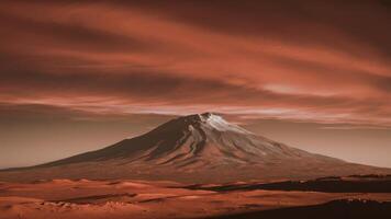 A mountain on Mars in the distance with red sky and clouds, AI photo