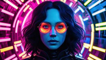 A woman with glowing eyes and a futuristic looking background, AI photo