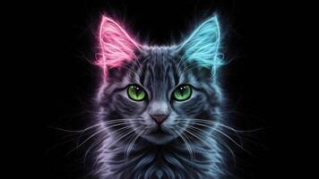 A cat with glowing eyes and a black background, AI photo