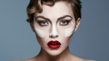 A woman with white face paint and red lips posing for a photo, AI photo