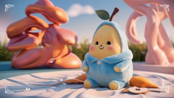 A small stuffed toy of a pear wearing blue clothing, AI photo