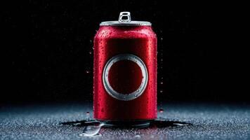 A can of a red soda can sitting in water on the ground, AI photo
