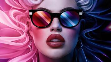 A woman with sunglasses and a colorful wig is making an expression, AI photo