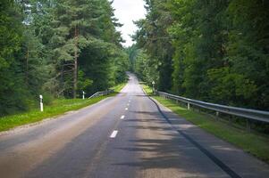 Quiet empty road in lush green forest during summer day with clear sky photo