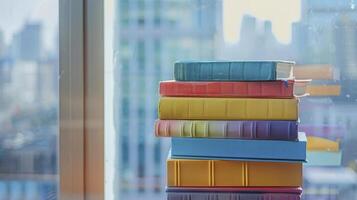 A stack of colorful books on top of each other on the floor with blurred glass window background photo