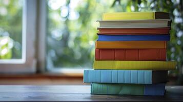 A stack of colorful books on top of each other on the floor with blurred glass window background photo