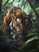 A majestic tiger, its eyes glowing with an intense focus as it slides through the dense foliage of a jungle. photo