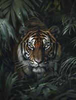 A majestic tiger, its eyes glowing with an intense focus as it slides through the dense foliage of a jungle. photo