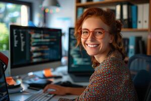 Smiling female programmer coding on desktop PC. Software Engineer woman working in office photo