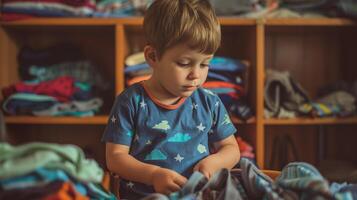A little boy folds clothes in his room. In the background there are open shelves with clothes photo