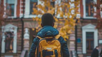 One boy pupil with a new backpack in front of the school. Welcome back to school. New educational year semester. photo