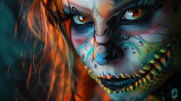 Girl with professional monster makeup. Colorful face with fangs close-up. Halloween concept photo