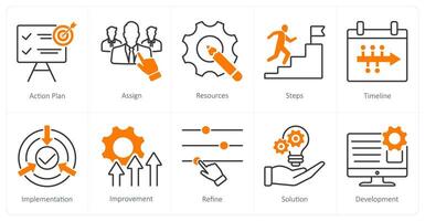 A set of 10 Action Plan icons as action plan, assign, resources vector