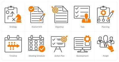 A set of 10 Action Plan icons as strategy, assessment, objective vector