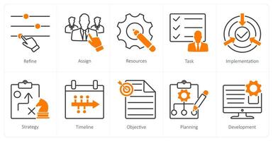 A set of 10 Action Plan icons as refine, assign, resources vector