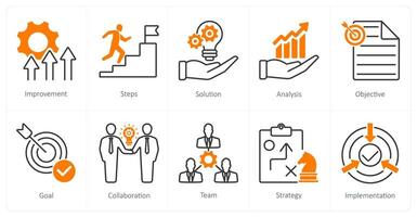 A set of 10 Action Plan icons as improvement, steps, solution vector