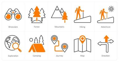 A set of 10 Adventure icons as binoculars, forest, mountains vector