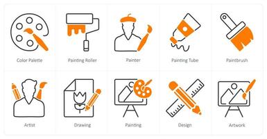 A set of 10 art icons as color palette, painting roller, painter vector