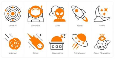 A set of 10 Astronomy icons asuniverse, astronaut, alien vector