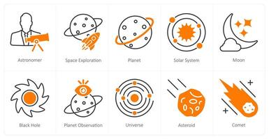 A set of 10 Astronomy icons as astronomer, space exploration, planet vector