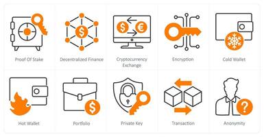 A set of 10 Blockchain icons as proof of stake, decentralized finance, cryptocurrency exchange vector