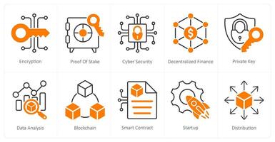 A set of 10 Blockchain icons as encryption, proof of stake, cyber security vector