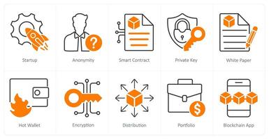 A set of 10 Blockchain icons as startup, anonymity, smart contract vector