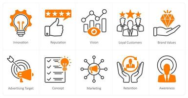 A set of 10 Branding icons as innovation, reputation, vision vector
