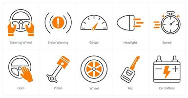 A set of 10 Car icons as steering wheel, brake warning, gauge vector