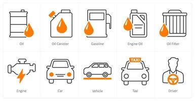 A set of 10 Car icons as oil, oil canister, gasoline vector
